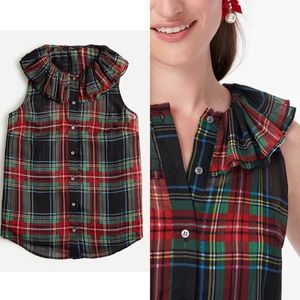 NWT J.Crew Metallic Plaid Ruffle Neck Blouse Sz M